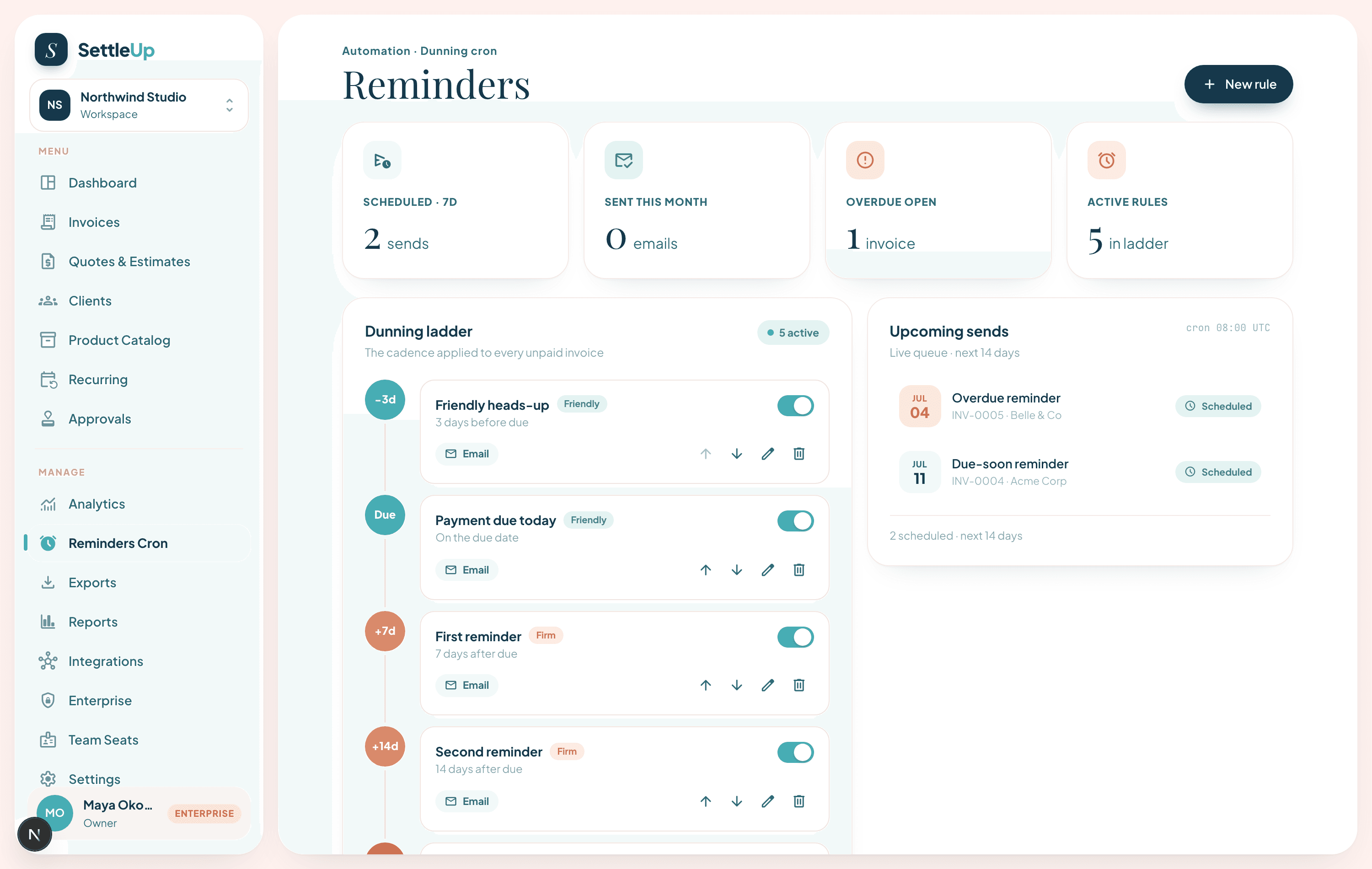 The reminders dunning ladder and upcoming-sends queue